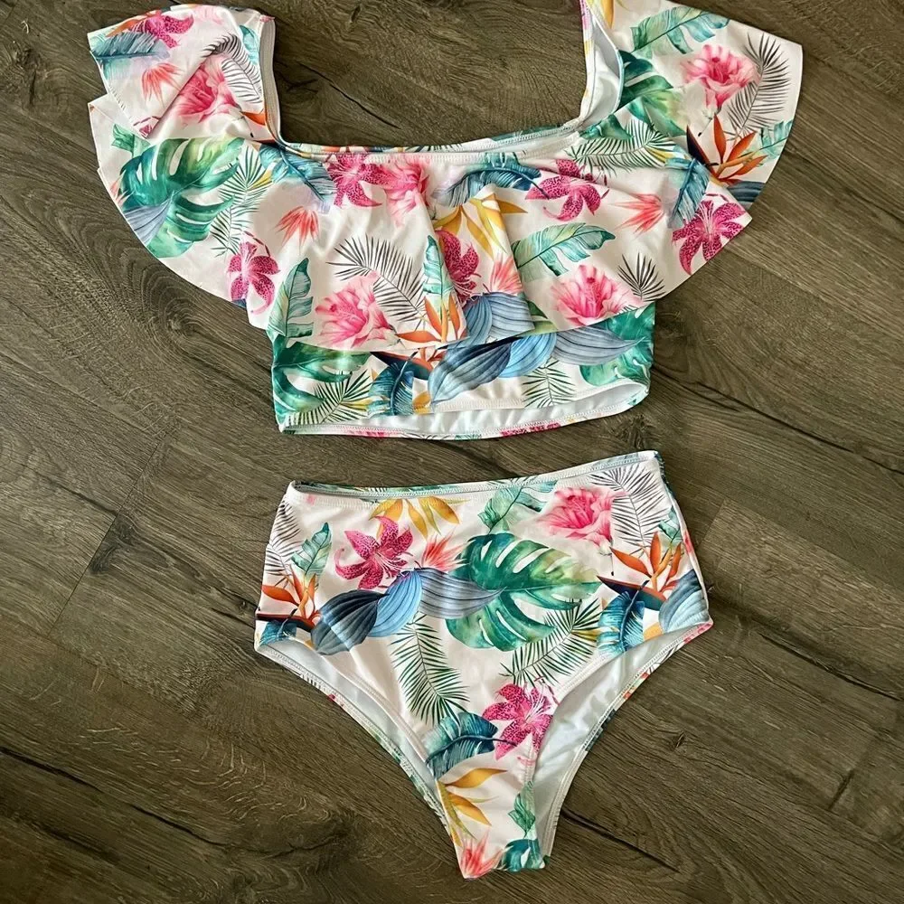 Floral  Ruffle Bikinis  Women Tropical Flounce Swimsuit High Waist Swimwear M